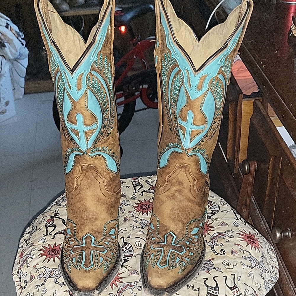 J.B. Dillon Brown and Turquoise Heeled Boots